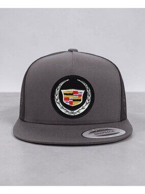 Cadillac Emblem Patch on YP Flat Bill Trucker Hat Mesh Back Snapback charcoal/bl